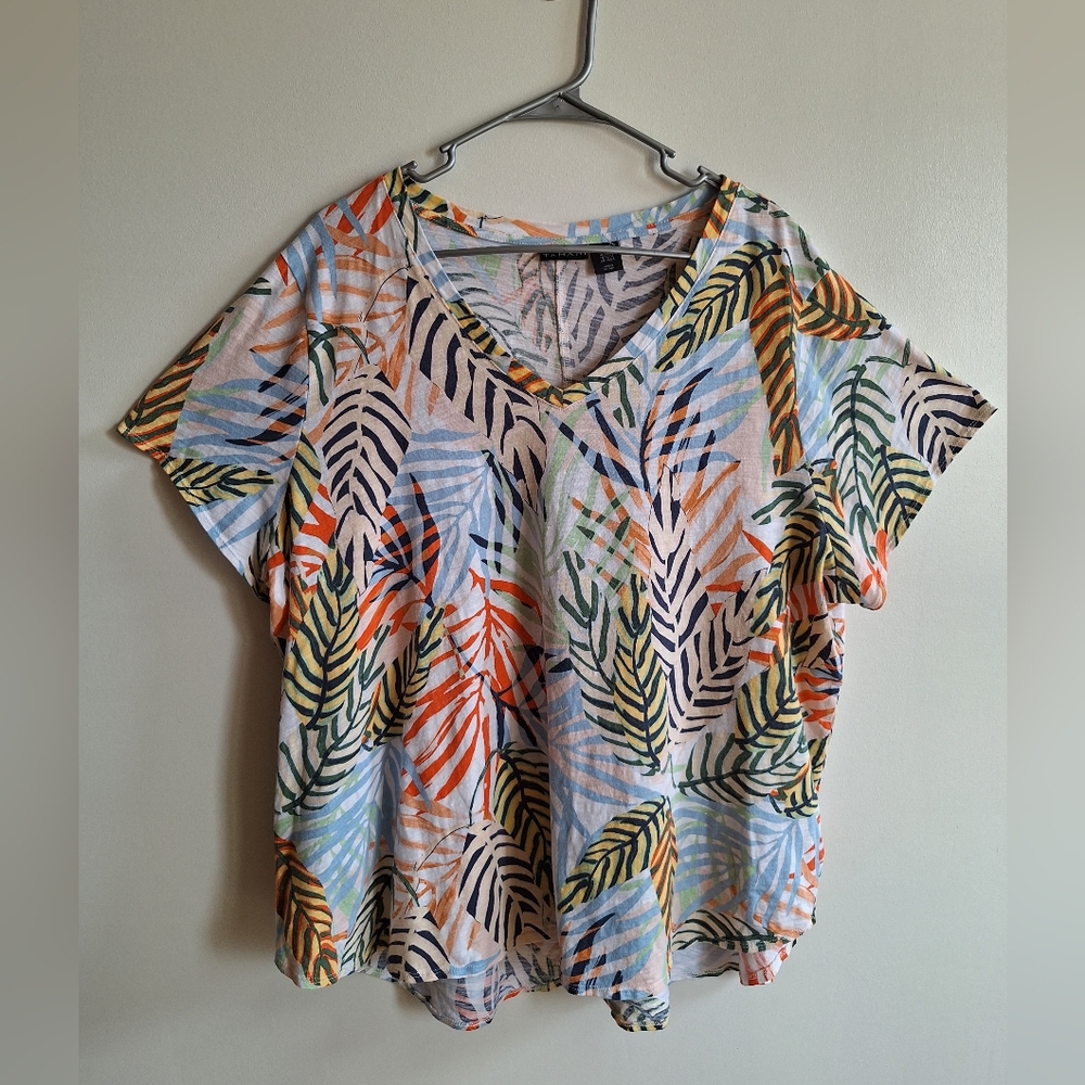 Tahari Blouse Linen Multi Color Palm Leaf T Shirt Womens XXXL - Picture 2 of 7